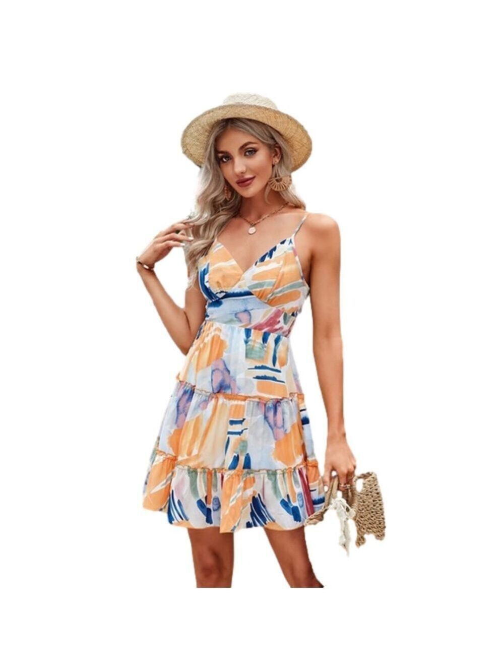 NEW Abstract V-Neck Spaghetti Strap Skater Dress